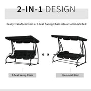 Patio Swings - Black 3 Seater Garden Swing Chair Converts to a Day Bed for Outdoor Relaxing Comfort Outsunny