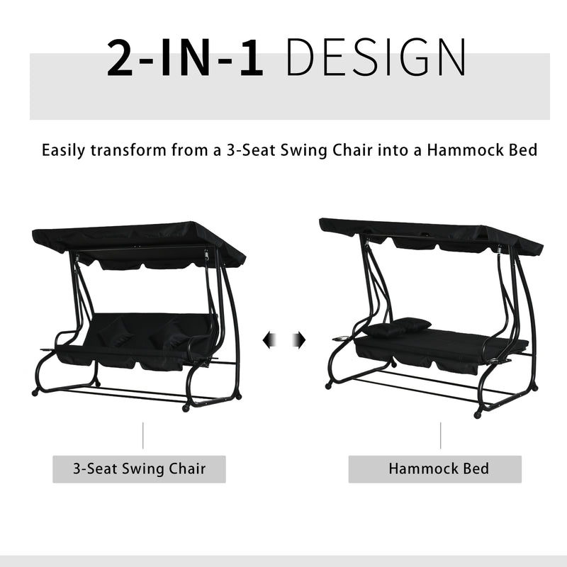 Patio Swings - Black 3 Seater Garden Swing Chair Converts to a Day Bed for Outdoor Relaxing Comfort Outsunny