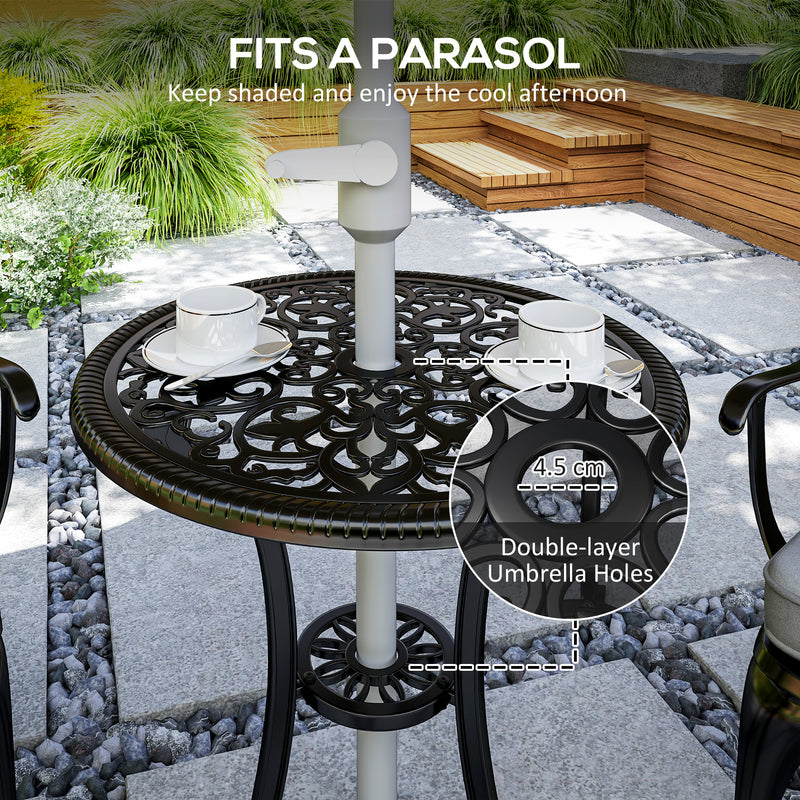 3 Piece Cast Aluminium Garden Bistro Set with Cushions and Parasol Hole Black by Outsunny