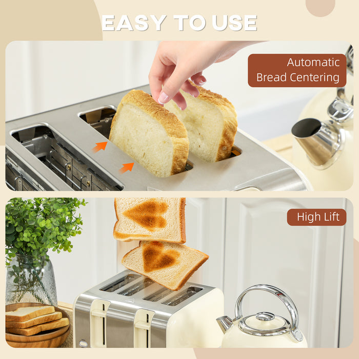 Cream Cordless Kettle and Toaster Set Polished Metal Stylish Kitchen Appliances by HOMCOM