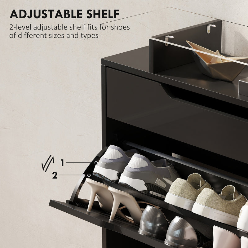 Shoe Organiser  Cabinet with Flip Doors and Glass Top Ideal for Hallways and Entryways, Black