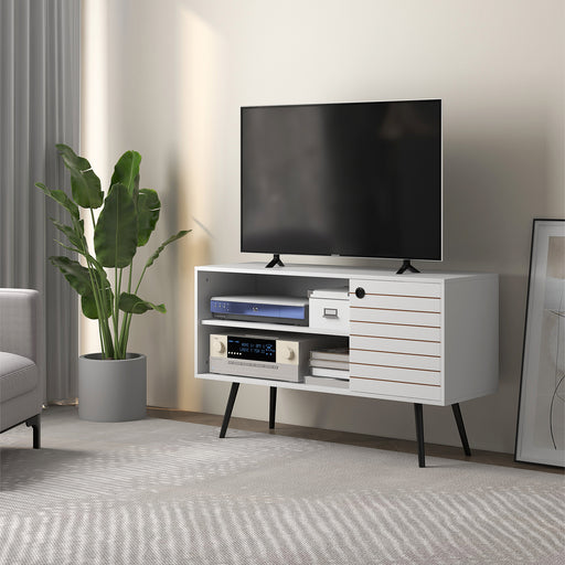 Modern TV Unit With Striped Doors And Open Storage Shelves For Living Room White