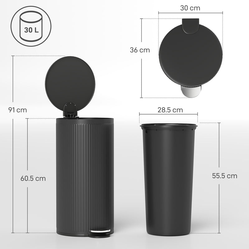 30L Pedal Kitchen Bin with Soft Close Lid and Removable Inner Bucket for Home Use Black