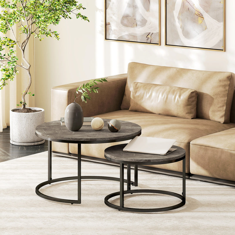Set of 2 Round Nesting Coffee Tables with Faux Marble Top Steel Frame for Living Room Black