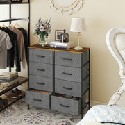 Industrial Chest of Drawers with 8 Fabric Storage Units and Wooden Top for Bedroom Rustic Brown and Grey