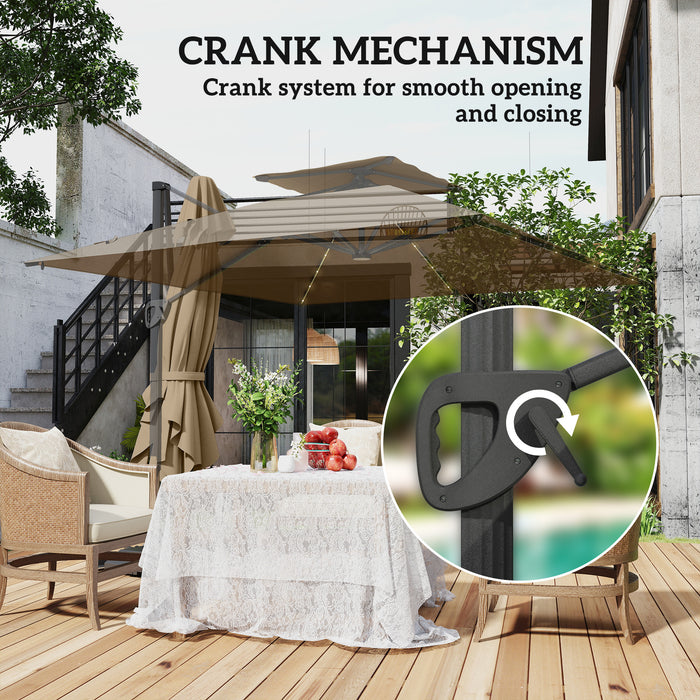 Khaki Cantilever Garden Parasol with Solar LED Lights and UPF50+ Sun Shade by Outsunny