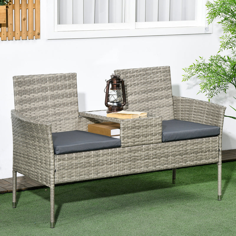 Light Grey Rattan Two Seat Garden Chair With Built In Table For Outdoor Relaxing