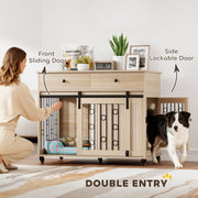 Dog Crate Furniture With Sliding Door and Storage Drawers on Wheels for Medium Large Dogs Oak