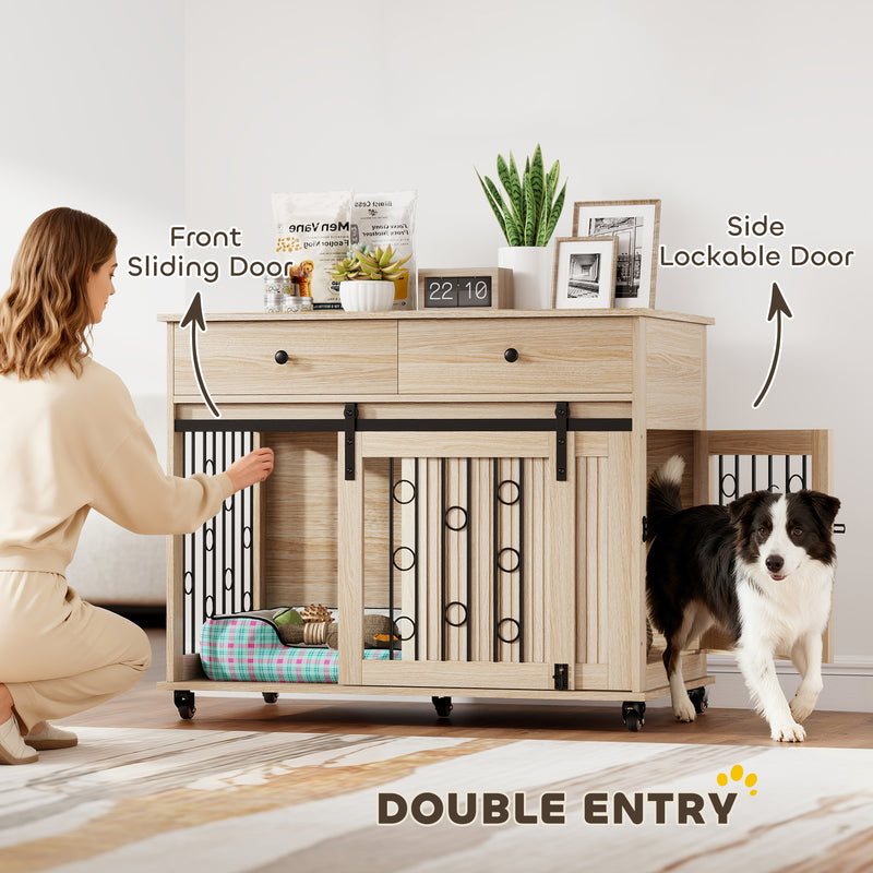 Dog Crate Furniture With Sliding Door and Storage Drawers on Wheels for Medium Large Dogs Oak
