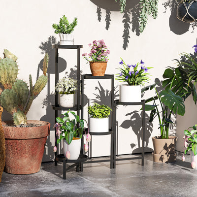 Black 3 Tier Foldable Metal Plant Stand for Indoor Outdoor Use by Outsunny