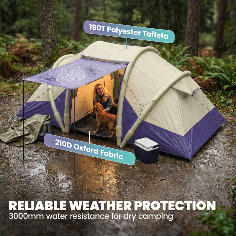 Inflatable Family Tent with Two Bedrooms and Fast Five Minute Setup for Easy Camping Purple White