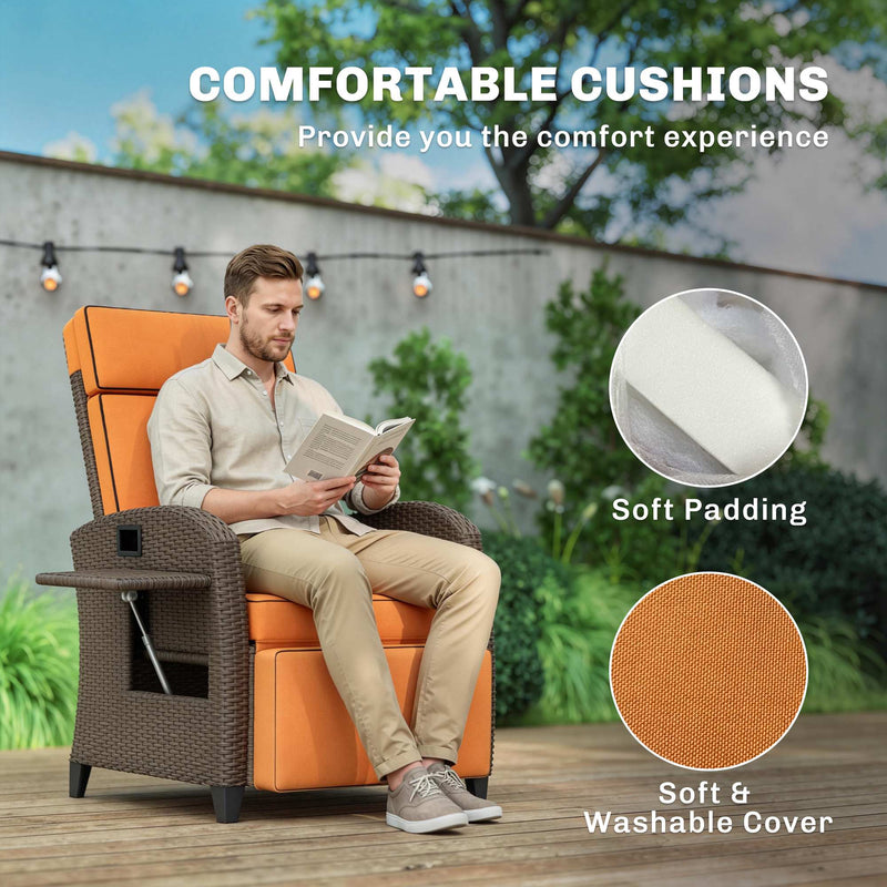 Garden Recliner Chair with Adjustable Backrest and Side Tray for Outdoor Relaxation Orange Outsunny