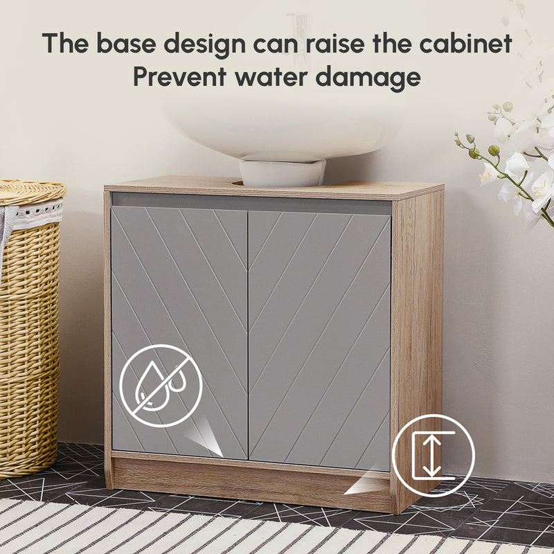 Grey Under Sink Bathroom Cabinet with Adjustable Shelf and Double Doors Floor Standing