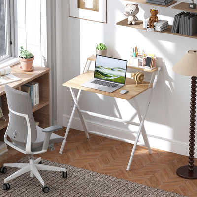 Natural Wood Folding Computer Desk with Monitor Shelf 81 cm Space Saving Design