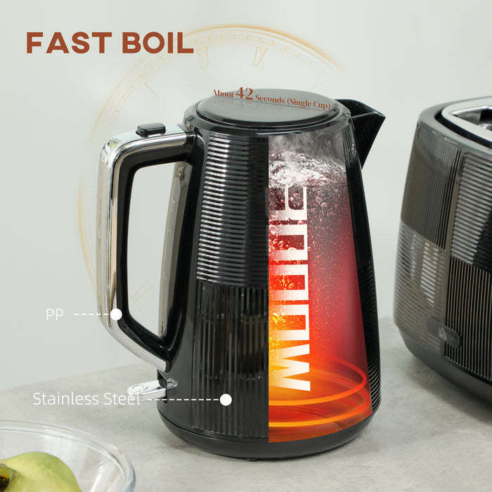 Black 1.7L 3000W Fast Boil Cordless Kettle and 2 Slice Toaster Set With 7 Browning Levels by HOMCOM
