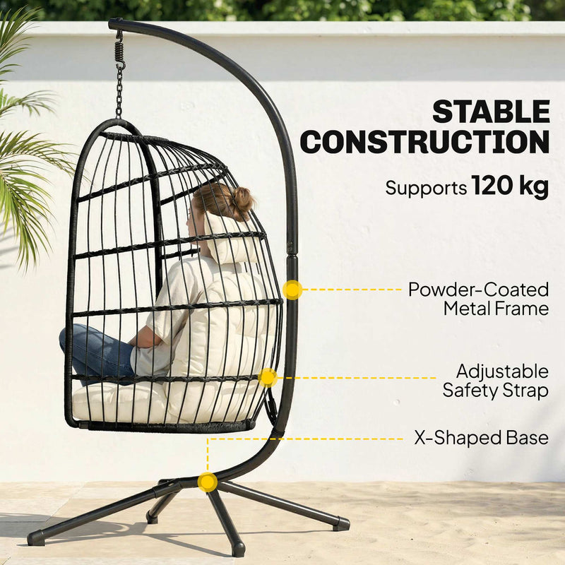 Hanging Egg Chair with Stand for Comfortable Outdoor Relaxation Foldable Basket Black Cream White Outsunny