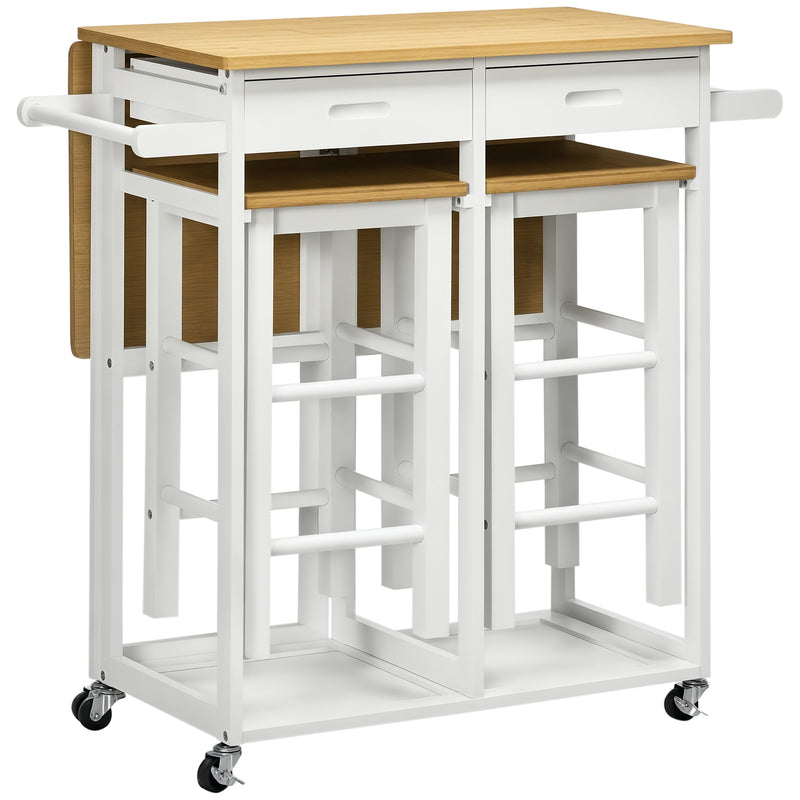 Breakfast Bar Set with Fold-Out Table and Storage Drawers for Small Kitchens White Natural