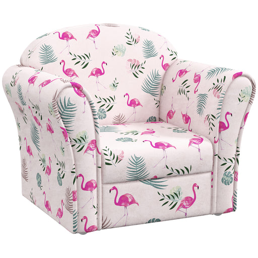 Kids Armchair with Flamingo Design and Wooden Frame Ideal for Bedroom or Playroom, Pink