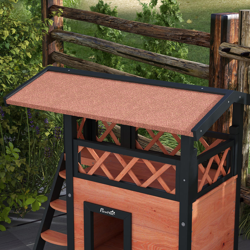 Outdoor Wooden Cat House With Balcony And Stairs Ideal For Garden Or Patio Use, Brown