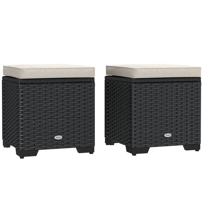 Set of 2 Rattan Storage Ottomans with Cushions for Garden Balcony and Poolside in Cream by Outsunny