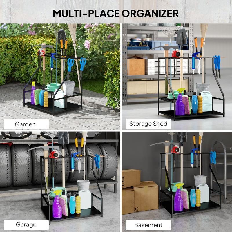 Garden Tool Storage Rack for Sheds and Garages with Hooks and Adjustable Feet Black