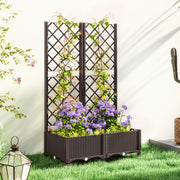 Brown Raised Garden Bed with Trellis Plastic Planter Box with Drainage for Climbing Plants by Outsunny