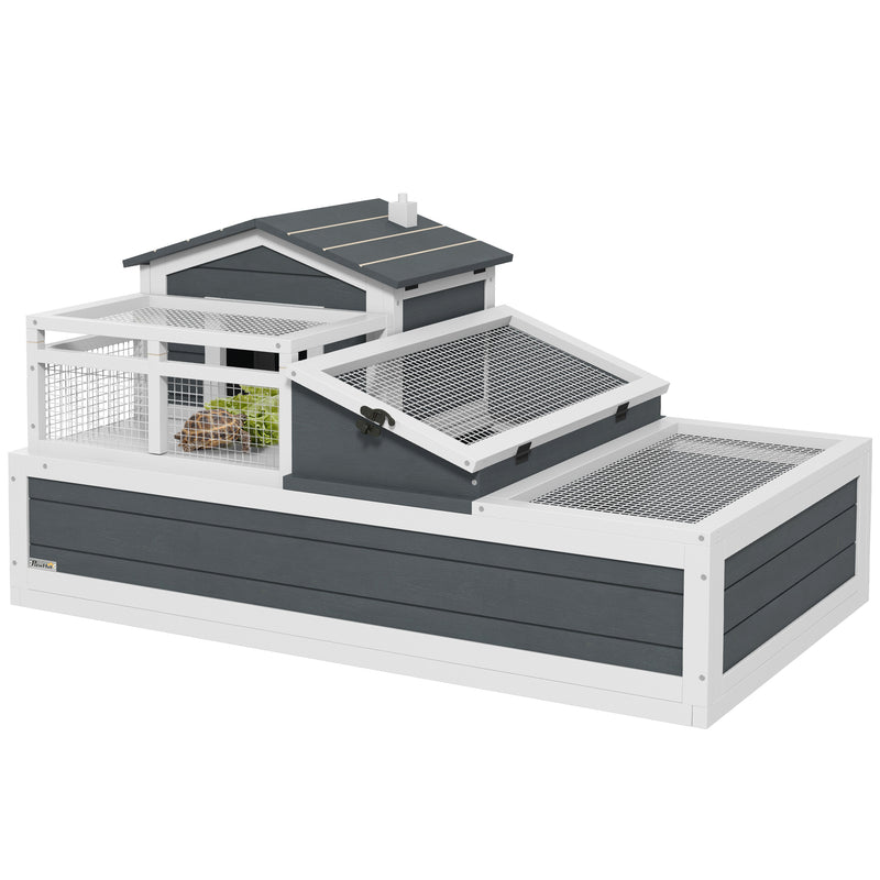 Grey Wooden Tortoise House 3 Room 2 Storey with Ladder and Openable Roof by PawHut