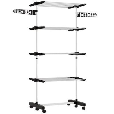 Black Four Shelf Collapsible Clothes Airer With Side Arms and Wheels by HOMCOM
