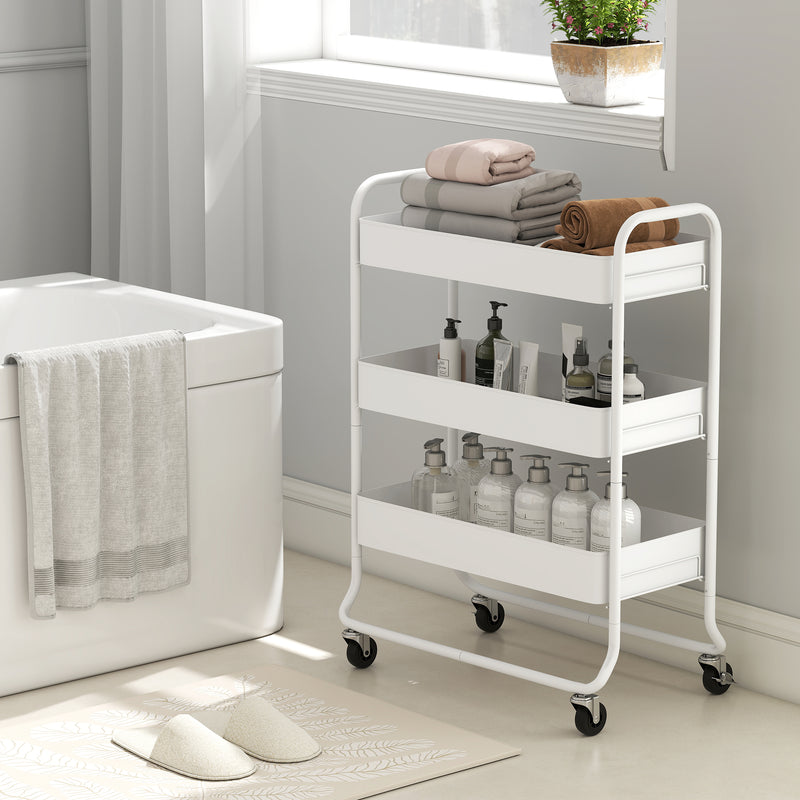 3 Tier Rolling Storage Trolley with Mesh Baskets Ideal for Kitchen or Bathroom White
