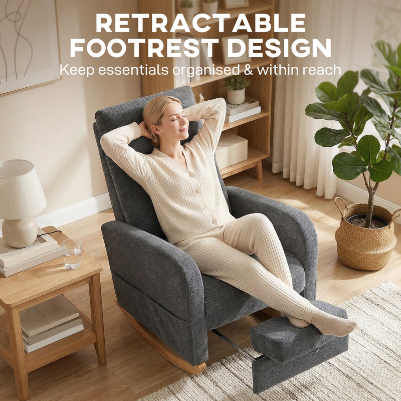 Rocking Chair with Retractable Footrest and High Back for Relaxing at Home Grey AOSOM