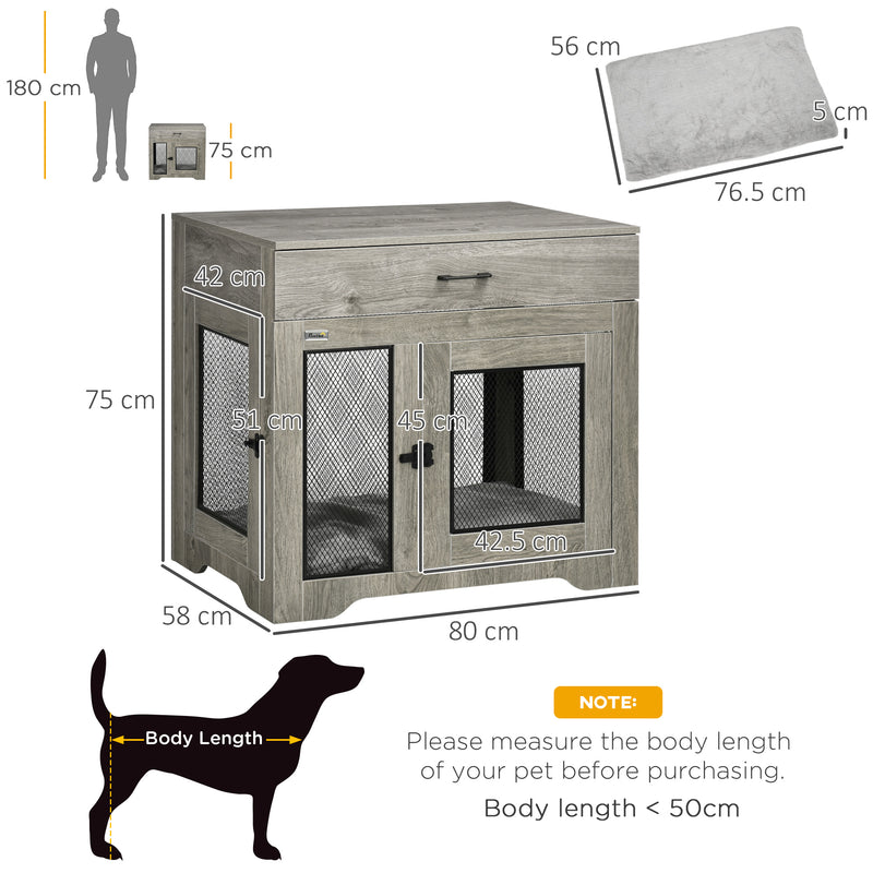 Dog Crate End Table with Two Doors and Storage Drawer for Medium Dogs Grey