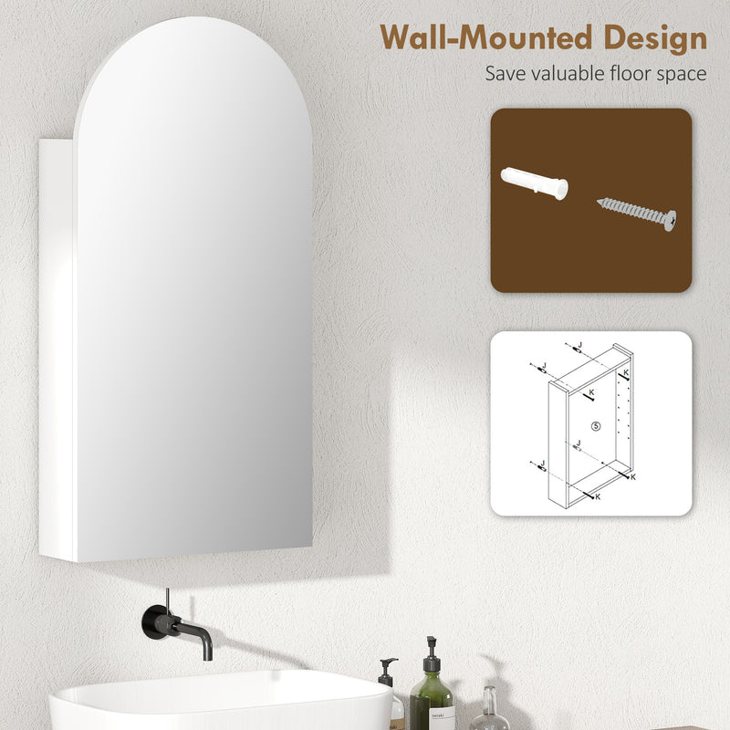 Arched Bathroom Mirror Cabinet with Adjustable Glass Shelves for Storage, White