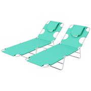Green Foldable Sun Lounger Set of 2 with Reading Hole and Adjustable Backrest for Garden