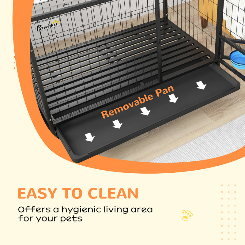 Heavy Duty Dog Crate with Wheels Bowl Holder and Removable Tray for Large Dogs Black