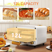 White 12L Mini Toaster Oven With Adjustable Timer and Glass Door For Small Kitchens