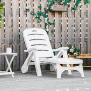 White Folding Sun Lounger Recliner With Wheels and 5 Position Backrest For Garden Use