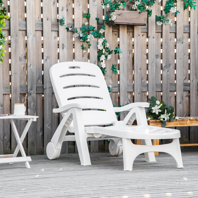 White Folding Sun Lounger Recliner With Wheels and 5 Position Backrest For Garden Use