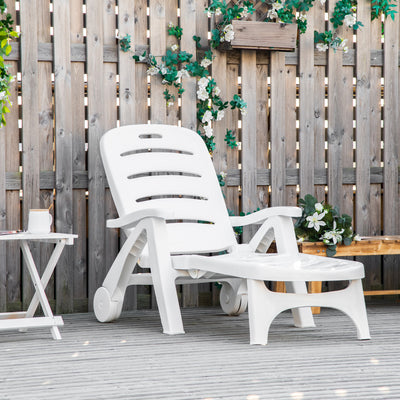 White Folding Sun Lounger Recliner With Wheels and 5 Position Backrest For Garden Use