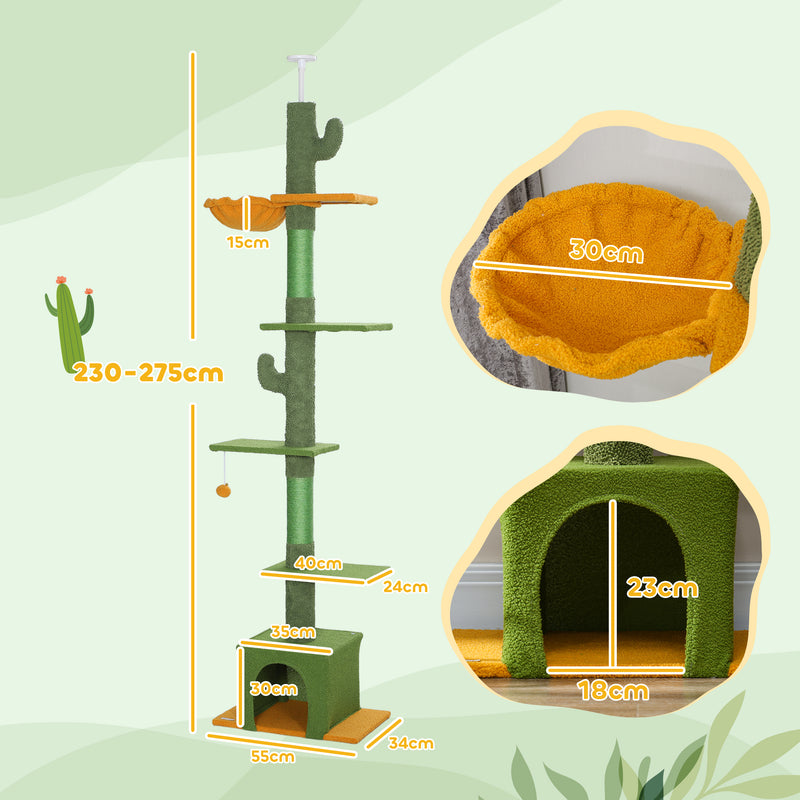 Floor to Ceiling Adjustable Cat Tree with Scratching Posts and Hammock by PawHut