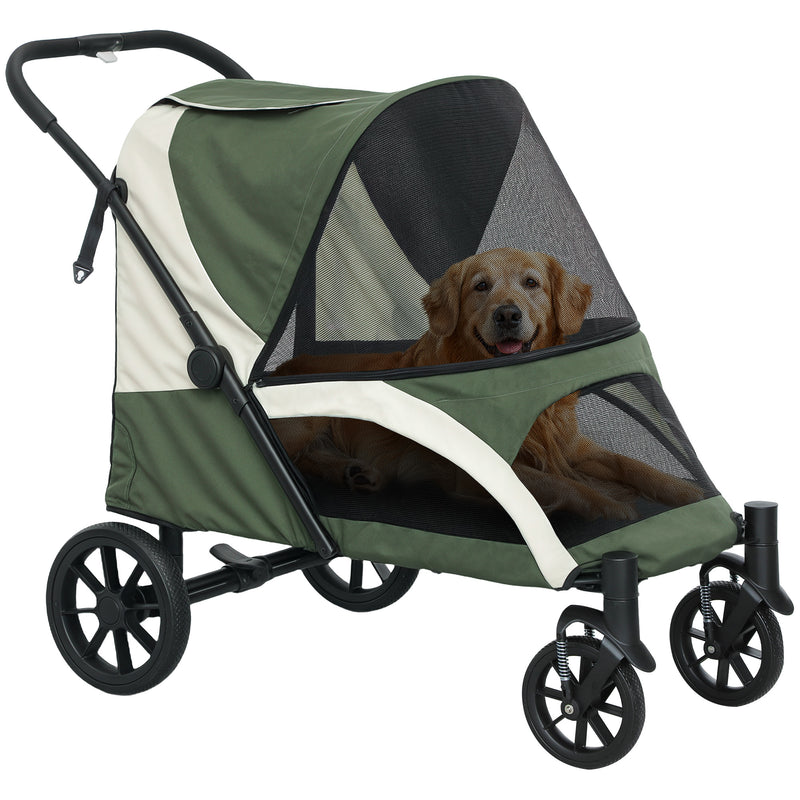 Dark Green Folding Pet Stroller for Large Dogs with Shock Absorb Frame and Safety Leashes by PawHut AOSOM
