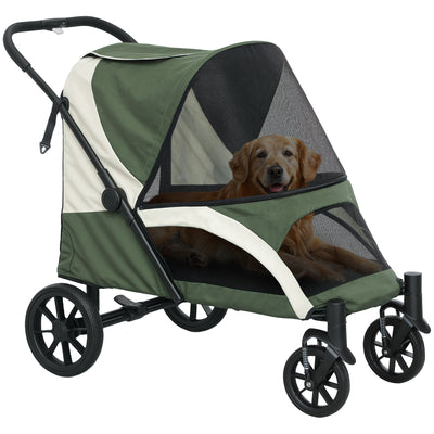 Dark Green Folding Pet Stroller for Large Dogs with Shock Absorb Frame and Safety Leashes by PawHut AOSOM