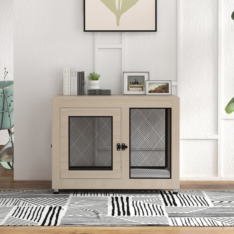 2 in 1 Dog Crate and Side Table with Soft Cushion and Double Doors for Large Dogs, Grey