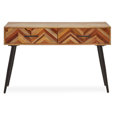 Mango wood two drawer console table with black iron legs on a plain background