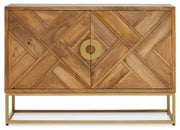 Mango wood sideboard with gold-finish legs on a plain background