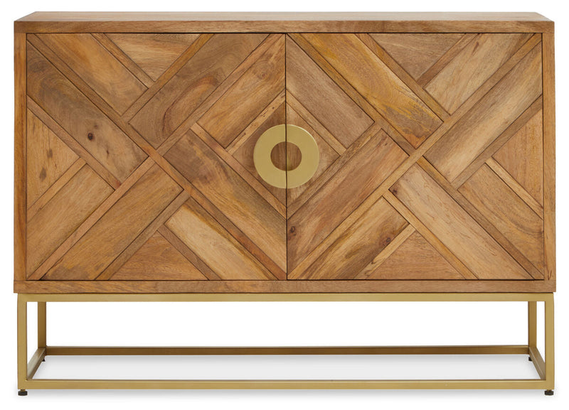 Mango wood sideboard with gold-finish legs on a plain background