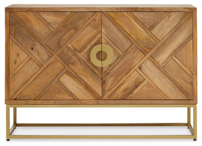 Mango wood sideboard with gold-finish legs on a plain background