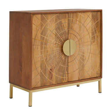 Carved mango wood sideboard with gold metal legs, studio shot