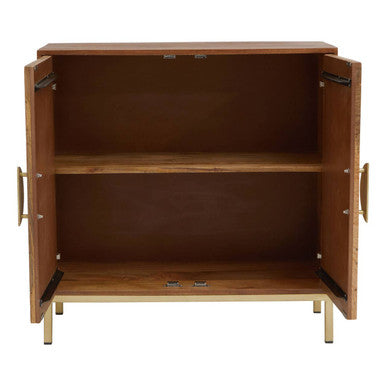 Carved mango wood sideboard with gold metal legs, studio shot
