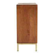 Carved mango wood sideboard with gold metal legs, studio shot