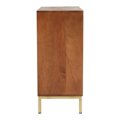 Carved mango wood sideboard with gold metal legs, studio shot